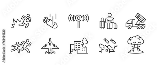 10 black outline icons representing war and evacuation. The pictograms indicate people fleeing war, bombing, asylum seekers, emergency warning, air strikes, and nuclear attack. The graphic images coul