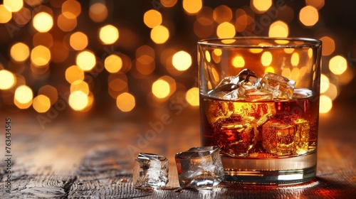 Whiskey glass with ice cubes on dark blurred background, with ample space for text placement