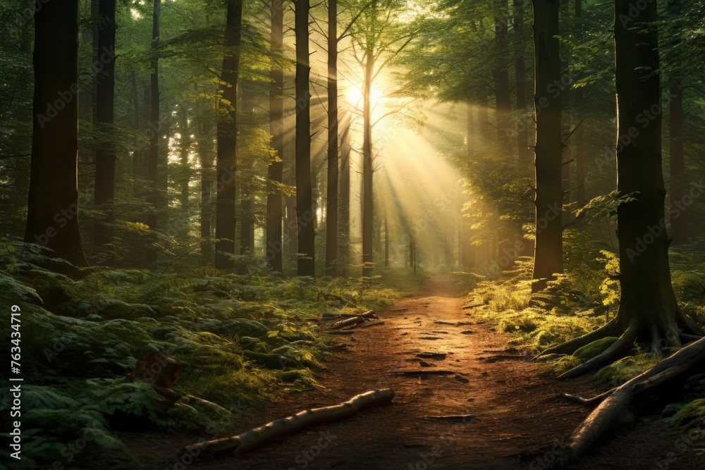 Dreamy forest landscape with sunlight piercing through the trees