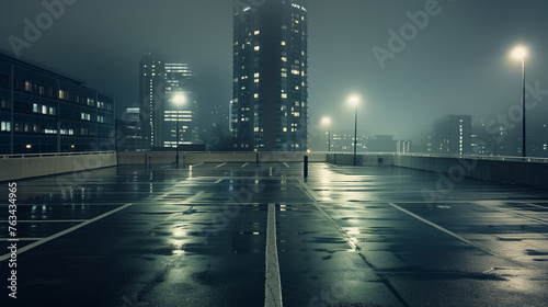 background image of an empty parking lot, night, against the backdrop of a high-rise building, grayish tones. 