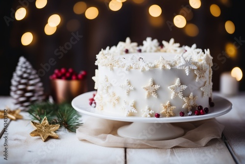 Beautifully decorated white frosted cake on a pristine white plate