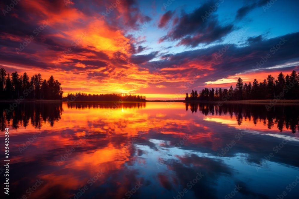 Stunning sunset over a serene lake with majestic trees in the backdrop