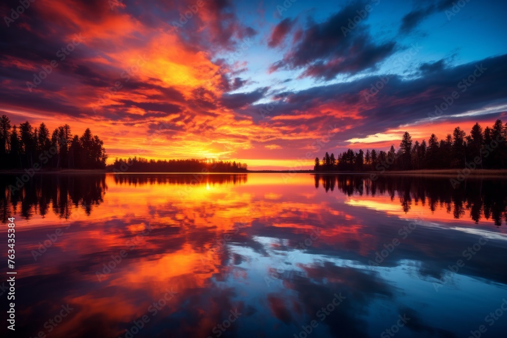 Obraz premium Stunning sunset over a serene lake with majestic trees in the backdrop
