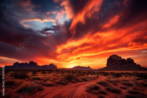 Fiery sunset over a desert landscape  casting warm hues across the scene
