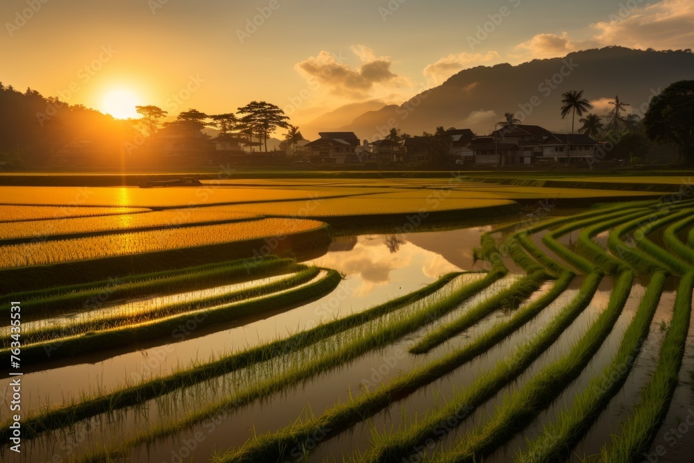 Golden hour lighting casting a warm glow over a tranquil paddy field scene