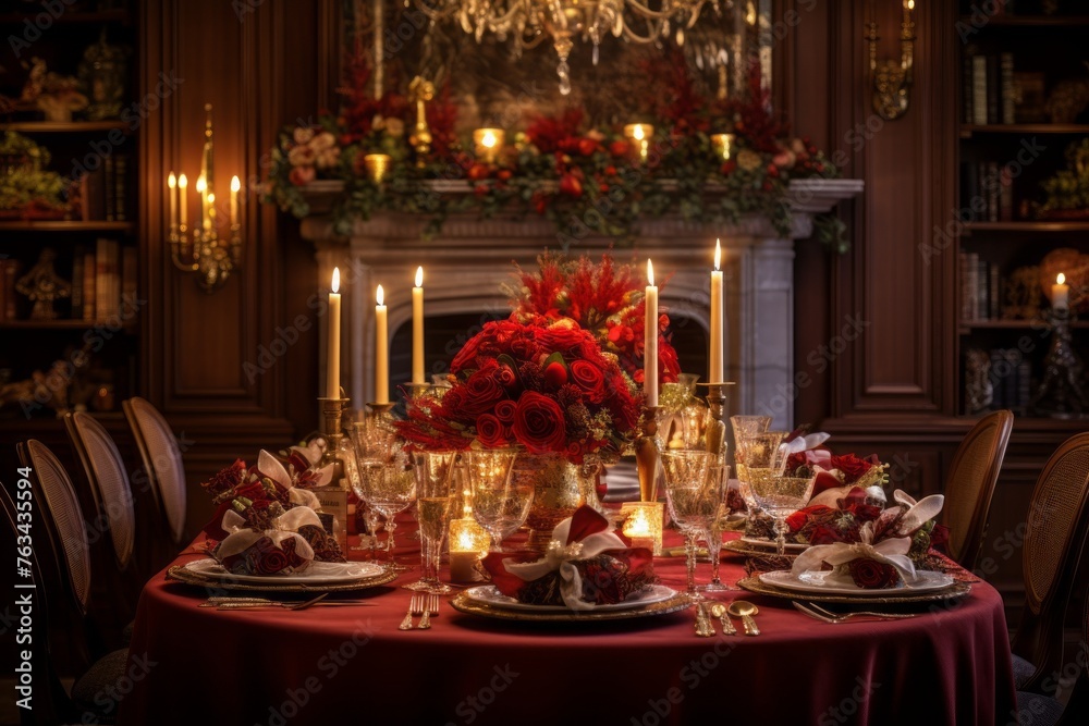 Gradient of red and gold, a traditional holiday setting, inviting joy and celebration.