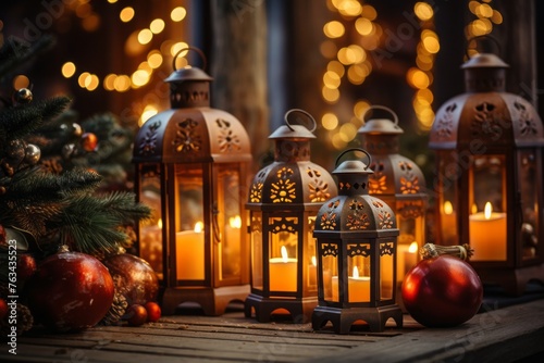 Glowing lanterns and candles creating a warm and cozy holiday atmosphere.