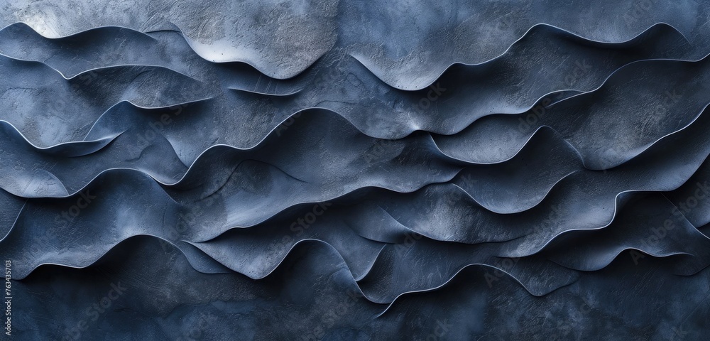 Navy blue stucco wall with grunge relief, abstract patterns. Wide-angle shot, textured surface. Indigo background.