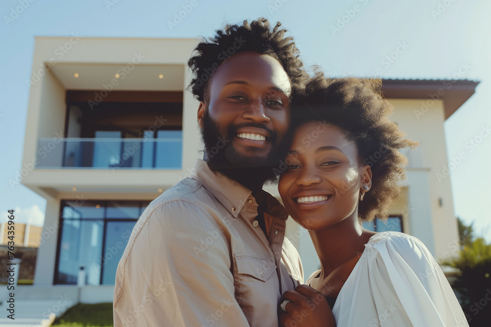 A cheerful and loving couple standing in front of their modern home, enjoying a sunny day, with genuine smiles and a clear affection for each other A cheerful and loving couple standing in front of their modern home, enjoying a sunny day, with genuine smiles and a clear affection for each other