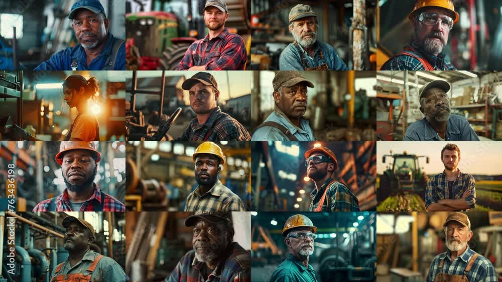 4x4 Collage of a diverse group of hard working blue collar industrial workers in the USA in slow motion