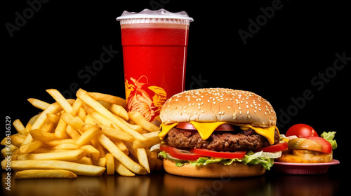 A  photo of a fast food combo meal on a clean white background, featuring a burger, fries, and a soda.