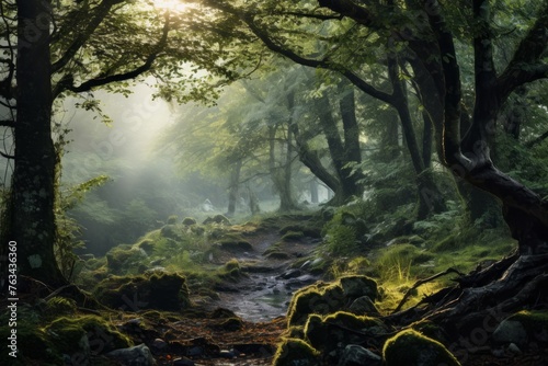 Mystical forest landscape shrouded in morning mist and tranquility