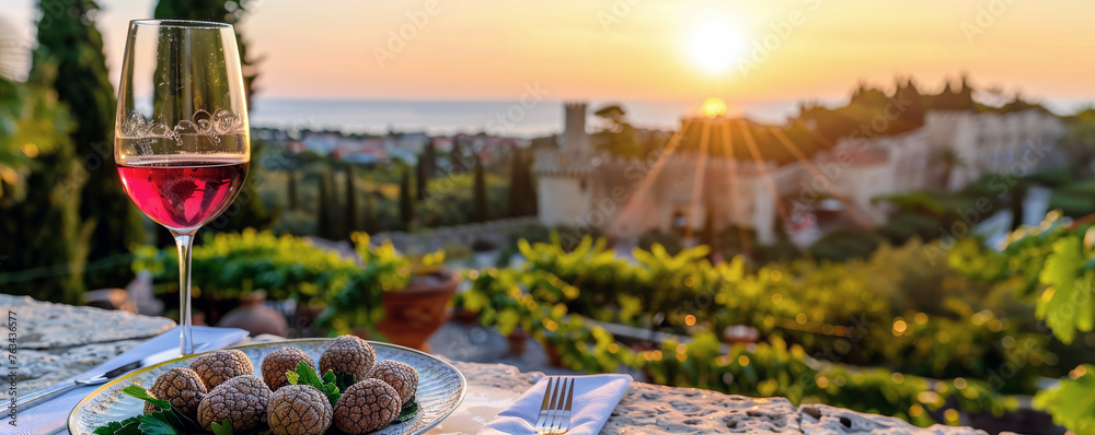 Fresh truffles and red wine on table at sunset French countryside. Luxury gourmet dinner with rare mushrooms and expensive alcohol. Fresh truffles and red wine on table at sunset French countryside. Luxury gourmet dinner with rare mushrooms and expensive alcohol.