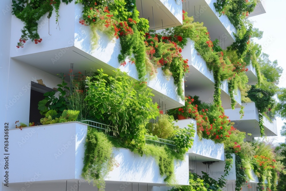 A stunning low-angle view of balconies flourishing with greenery against a bright sky, embodying a serene and sustainable urban oasis.