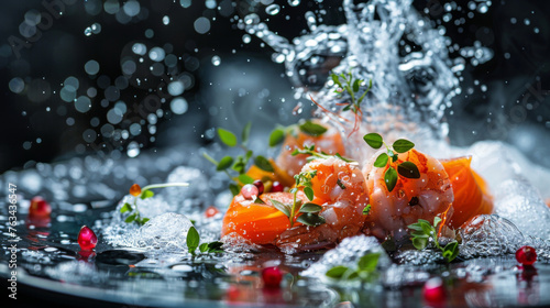 An elegant presentation of a salmon dish, enhanced by a spectacular splash of water, adding a sense of movement.