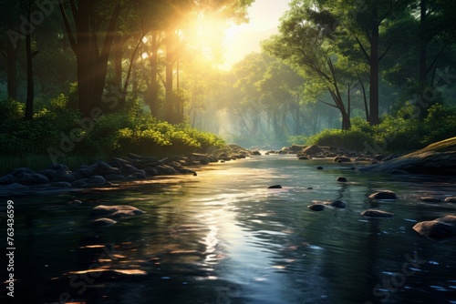 Peaceful river scene with sunlight dancing on the water