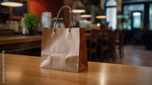 A  photo of a food delivery bag placed on a restaurant counter, ready for pickup by a courier, highlighting the coordination between restaurants and delivery services. photo