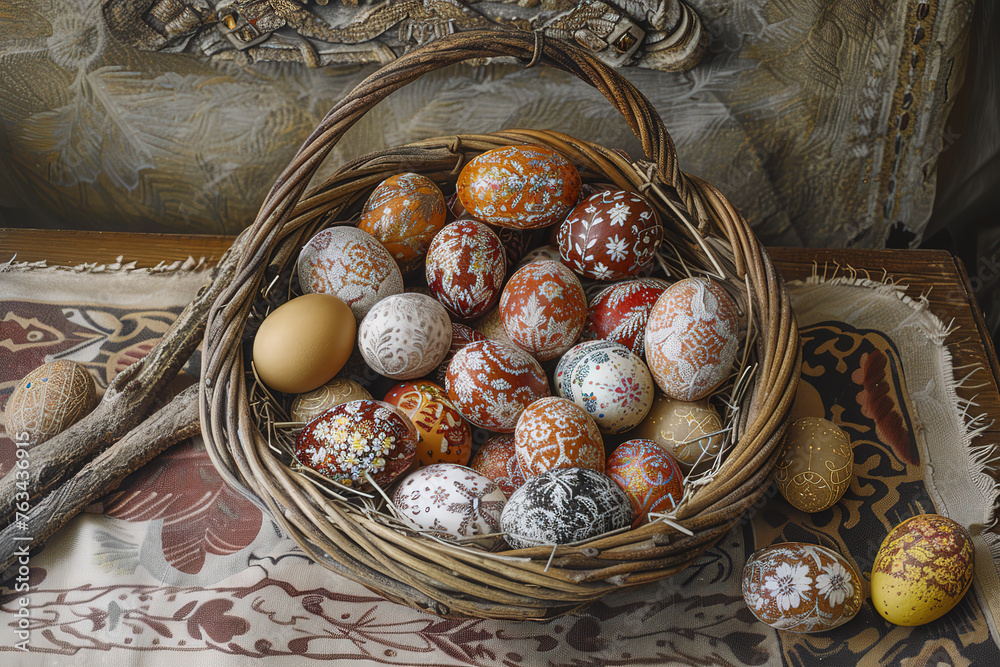Obraz premium Basket with Easter eggs. Painted eggs. Generative AI