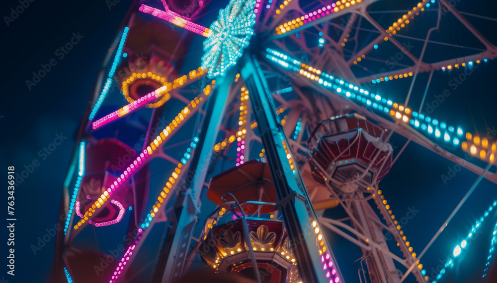 Ferris wheel with colorful glowing lights - obrazy, fototapety, plakaty 