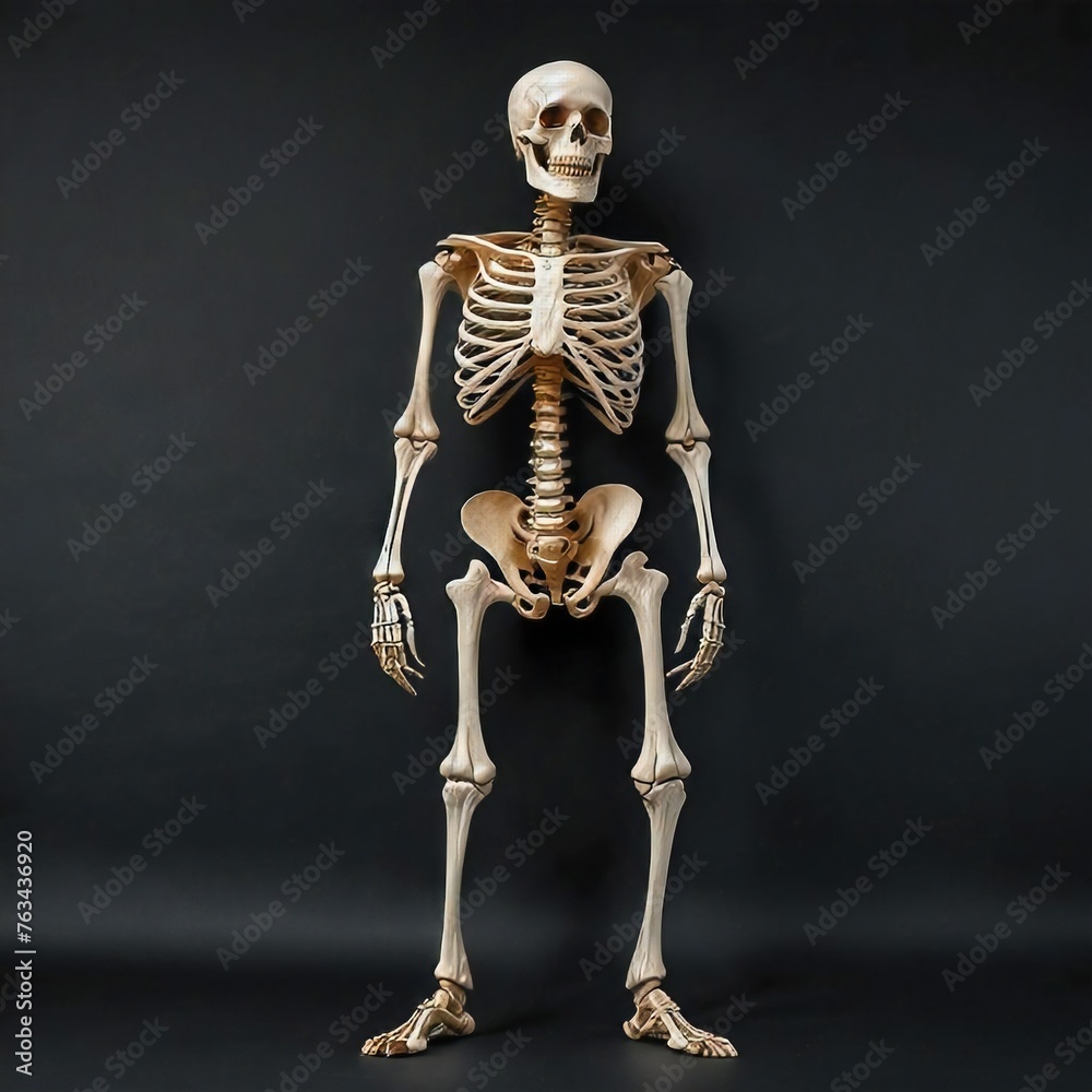 A human skeleton stands upright against a solid black background. The skeletons bones are fully intact, showcasing its skeletal structure in detail.
A human skeleton stands upright against a solid black background. The skeletons bones are fully intact, showcasing its skeletal structure in detail.