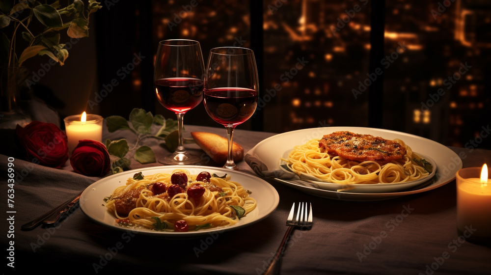 A photo of a table set for a romantic Italian dinner with candlelight, wine glasses, and plates of spaghetti carbonara, highlighting the romance of Italian cuisine.