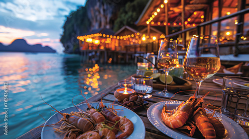 An intimate evening setting with seafood, wine, and warm lights overlooking a serene seascape.