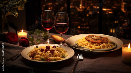 Obraz na płótnie A photo of a table set for a romantic Italian dinner with candlelight, wine glasses, and plates of spaghetti carbonara, highlighting the romance of Italian cuisine. w salonie