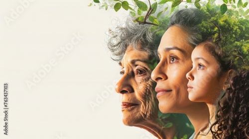 A layered portrait merging the profiles of grandmother, mother, and daughter with the life-giving force of nature. photo