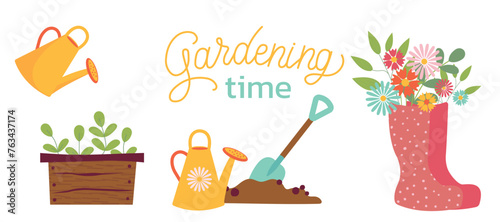 Gardening time set of illustration. Watering can, plants, vegetables, red rubber boots. Spring gardening concept. Vector illustrations on white background for poster, icon, card, logo, label