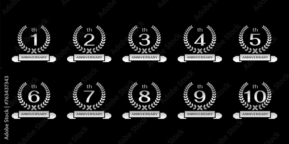 Obraz premium set of 1-10th anniversary. anniversary logo with circular leaf circle and white ribbon on black background