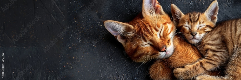African golden cat and kitten portrait with empty space for text, object on the side African golden cat and kitten portrait with empty space for text, object on the side