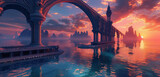 The expansive bridges connecting different parts of the navy blue high elf palace arching over the oasis waters under a vibrant coral sunset sky