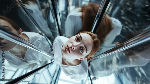 A top-down view of a woman in a white blouse is captured in a multitude of reflections within a mirrored elevator, creating a complex and intriguing visual puzzle.