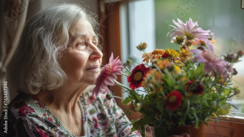 An elderly woman admires a vibrant bouquet by the window, her expression a blend of nostalgia and peace, with natural light highlighting her graceful age.