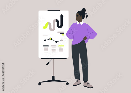 Confident Presenter Showcasing Data Trends at a Strategy Meeting, A professional stands by a flipchart, confidently displaying graphs and analysis
