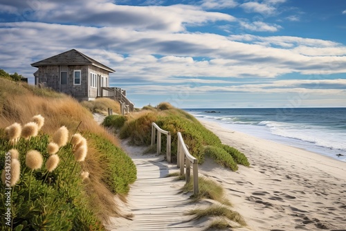 Sandy pathway leading to a charming beach house by the shore © KerXing