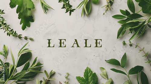 Assortment of fresh culinary herbs neatly arranged on a white surface with 'LEALE' text.