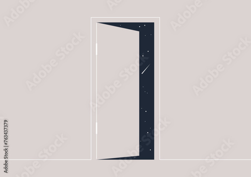 Gateway to the Starlit Infinity, A Portal Beyond Reality, Ajar door reveals a mesmerizing cosmic realm, inviting the beholder to a starry universe beyond