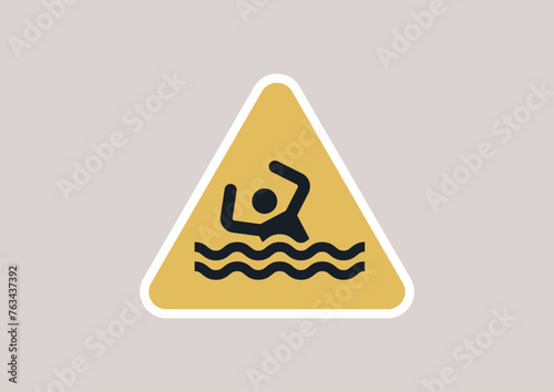 Caution at Waters Edge, Beware of Drowning Risks, An illustrated warning sign depicting an individual struggling in water, signaling a drowning hazard