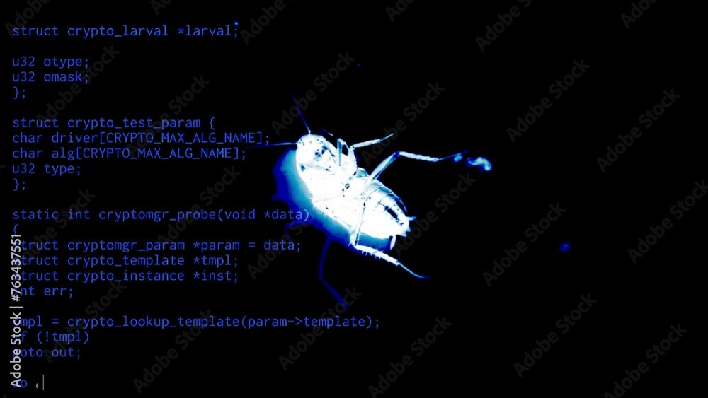 Source code lines, medium size scrolling text from open public domain projects, over the x-ray silhouette of a cockroach, symbol of an annoying computer bug.
