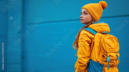 back to school, slavic child,  blue background
