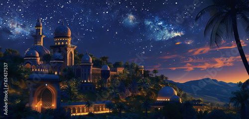 The grand observatory tower of the navy blue high elf palace pointing towards the heavens amidst the oasis greenery under a dark navy night sky