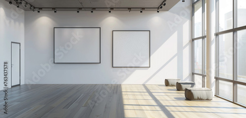 A minimalist art gallery featuring empty wall frame mockups, bathed in natural light streaming through large windows
