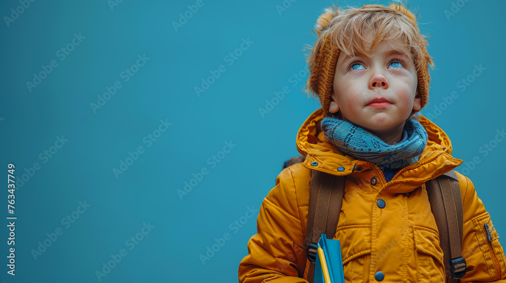 back to school, slavic child, blue background back to school, slavic child, blue background