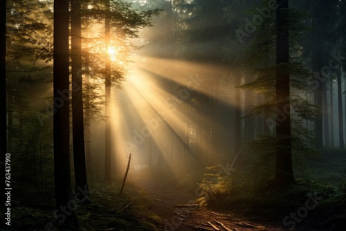 Sunlight breaking through the forest mist in a captivating way