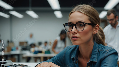 Fokussierte Geschäftsfrau mit Brille arbeitet konzentriert im modernen Büro