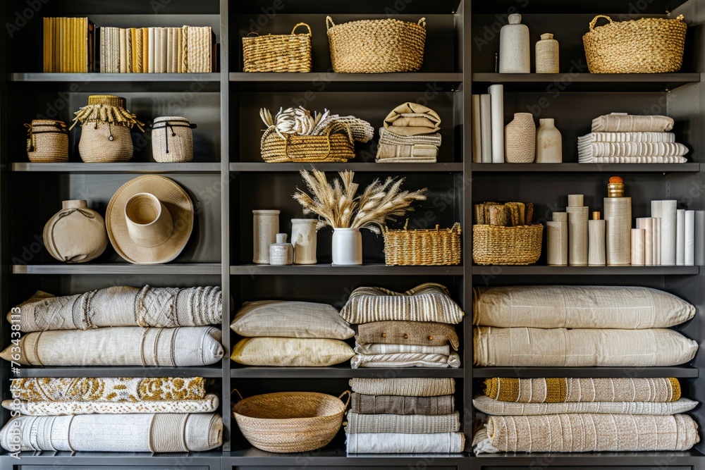 Organized shelf displays range of woven baskets, neutral linens, and ceramics, evoking minimalist aesthetic. Wickerwork and textiles in calming neutrals arranged on shelving, inviting a sense of order