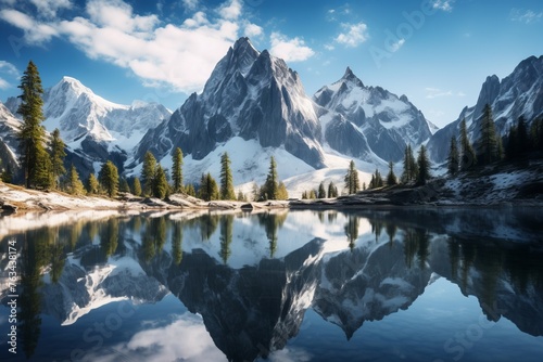 Towering peaks reflected in a glassy alpine lake, a picturesque natural scene
