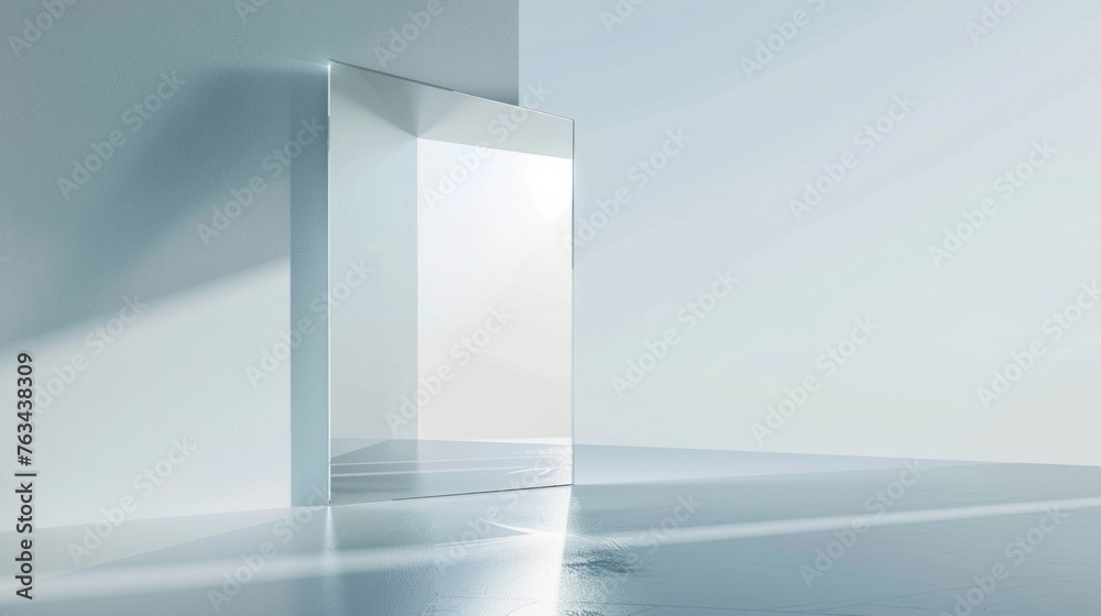 An empty room featuring a mirror mounted on the wall, reflecting the rooms simplicity and minimalistic design