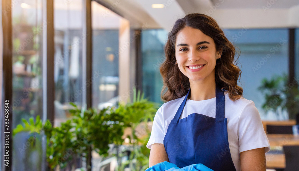 professional woman cleaner portrait in blue apron, office and home housekeeping and cleaning service professional woman cleaner portrait in blue apron, office and home housekeeping and cleaning service